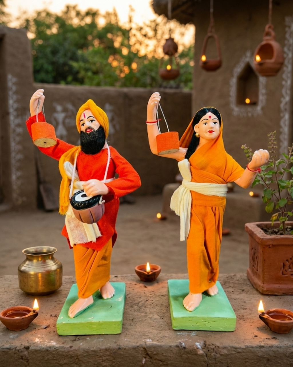Saukin Joyful Village Devotee Couple – Handcrafted Clay Human Idol Set
