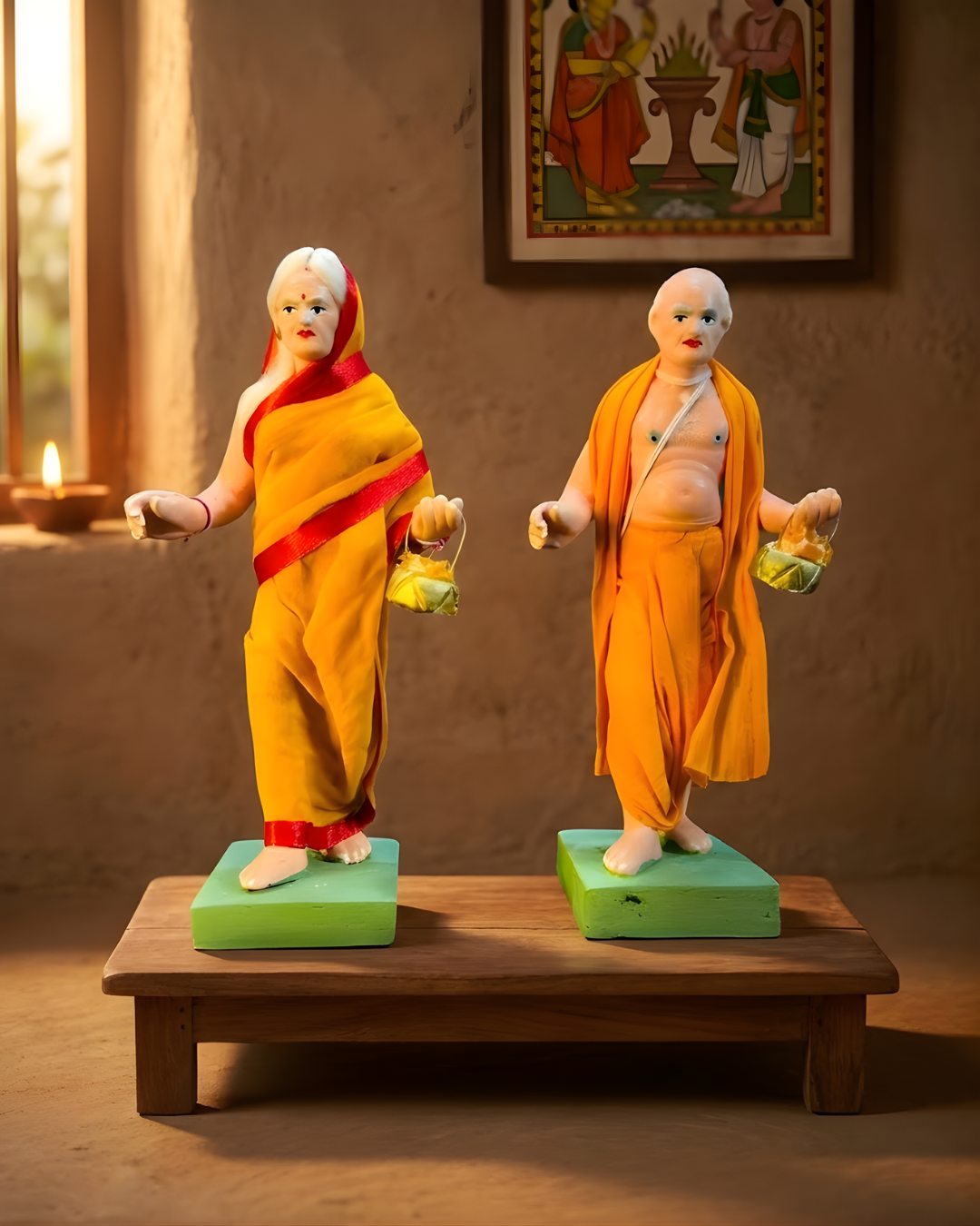 Saukin Village Priest & Family – Handcrafted Clay Human Figurine Set (Set of 2)